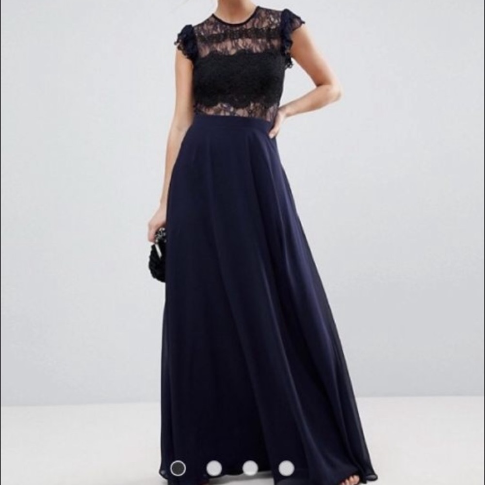 ASOS Navy blue floor length gown with lace detail